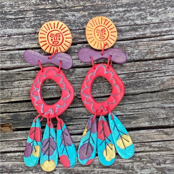 Handcrafted Colorful Sunburst Dangle polymer clay Earrings - Picture 2 of 2